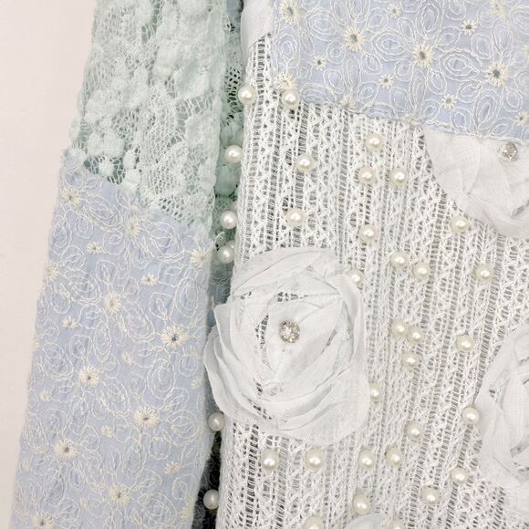Pol Anthropologie LEAH Blue Eyelet Lace Pearl Flower Embellished Jacket - Picture 13 of 16